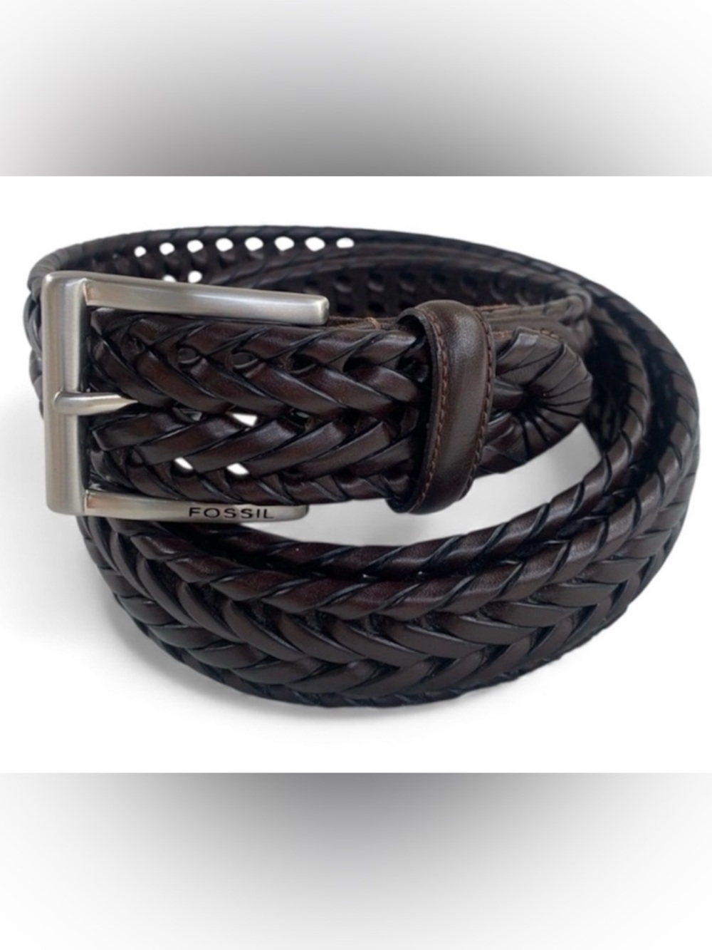 Fossil Myles Dark Brown Braided Leather Belt with Brushed Nickel Buckle 40